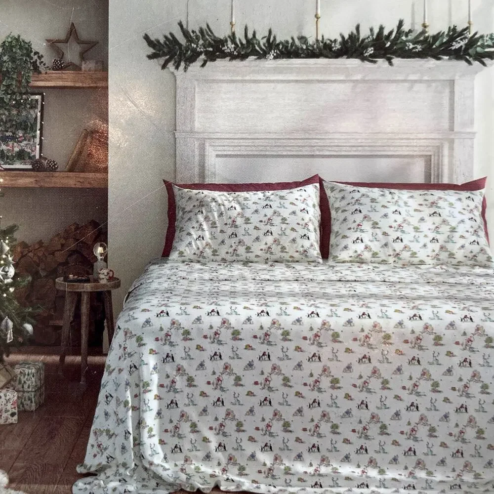 Cath Kidston London 4pc FULL Sheet Set Christmas Animals Cream Cotton NEW
